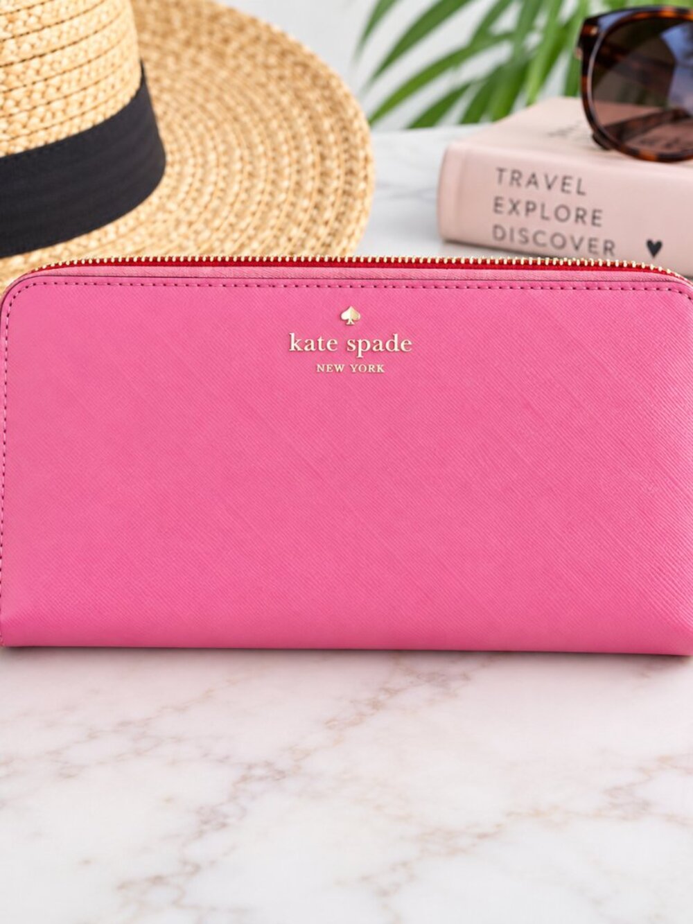 kate spade Blubblegum Pink Zip Passport Wallet with Gold Logo